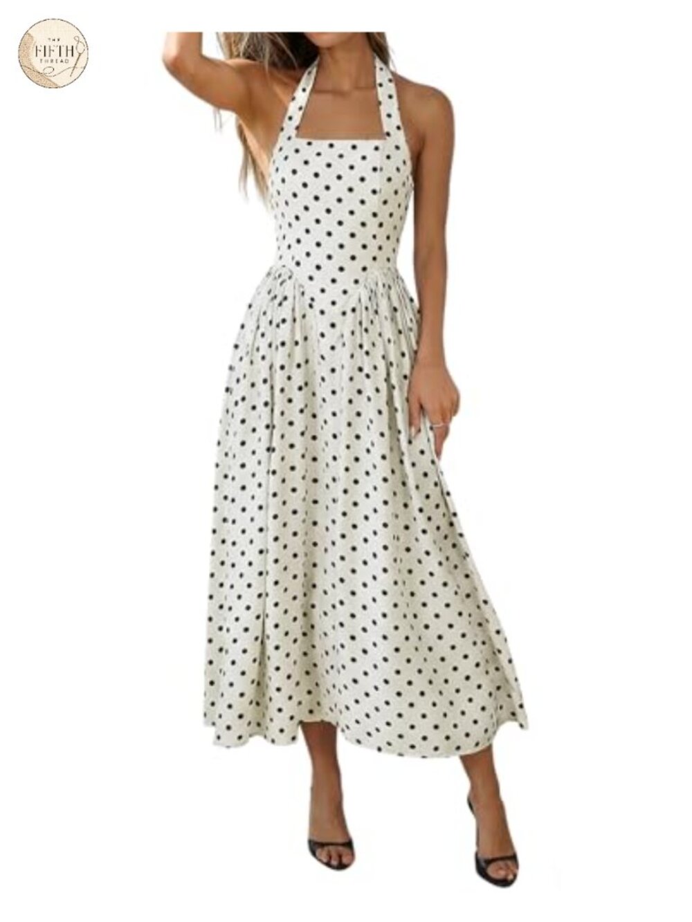 Polka Dot Halter Maxi Dress Sleeveless A-Line Smocked Back Pockets